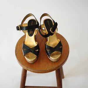 Ivanka Trump Platform Shoes 9 M Women's Pre-Owned Gold With Black Straps